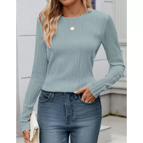 ZESICA Long Sleeve Shirts for Women Tops Fall Fashion 2024 Trendy Slim fit Textured TshirtsMistblue