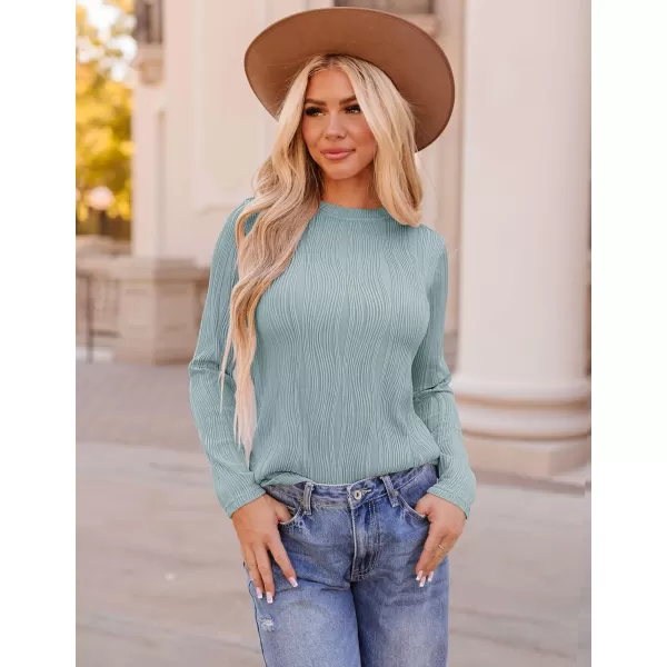 ZESICA Long Sleeve Shirts for Women Tops Fall Fashion 2024 Trendy Slim fit Textured TshirtsMistblue