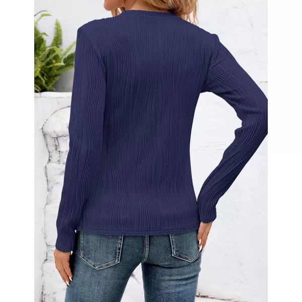 ZESICA Long Sleeve Shirts for Women Tops Fall Fashion 2024 Trendy Slim fit Textured TshirtsNavy
