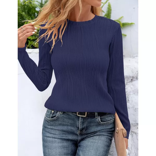 ZESICA Long Sleeve Shirts for Women Tops Fall Fashion 2024 Trendy Slim fit Textured TshirtsNavy