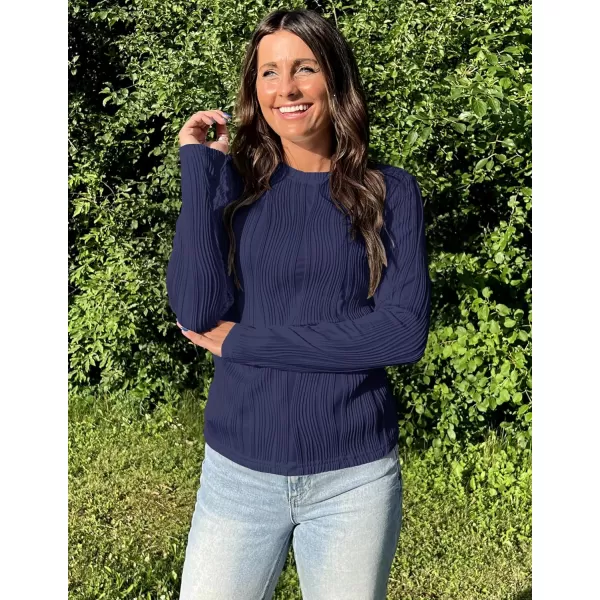 ZESICA Long Sleeve Shirts for Women Tops Fall Fashion 2024 Trendy Slim fit Textured TshirtsNavy