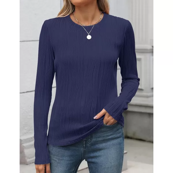 ZESICA Long Sleeve Shirts for Women Tops Fall Fashion 2024 Trendy Slim fit Textured TshirtsNavy