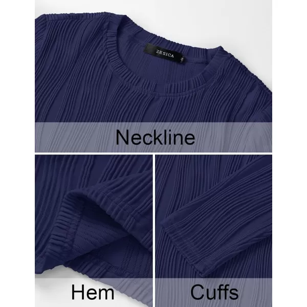 ZESICA Long Sleeve Shirts for Women Tops Fall Fashion 2024 Trendy Slim fit Textured TshirtsNavy