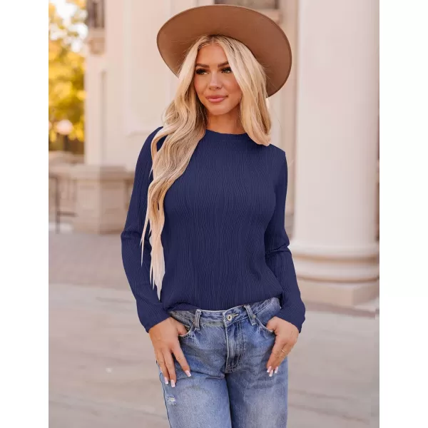 ZESICA Long Sleeve Shirts for Women Tops Fall Fashion 2024 Trendy Slim fit Textured TshirtsNavy