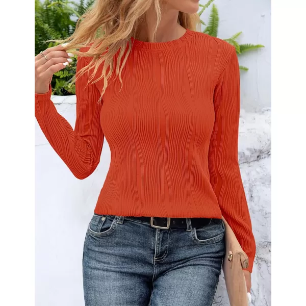 ZESICA Long Sleeve Shirts for Women Tops Fall Fashion 2024 Trendy Slim fit Textured TshirtsOrange