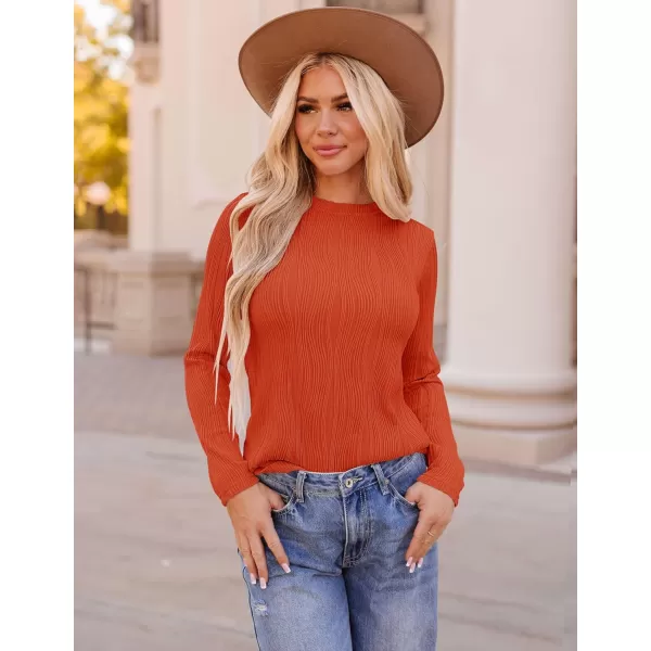 ZESICA Long Sleeve Shirts for Women Tops Fall Fashion 2024 Trendy Slim fit Textured TshirtsOrange