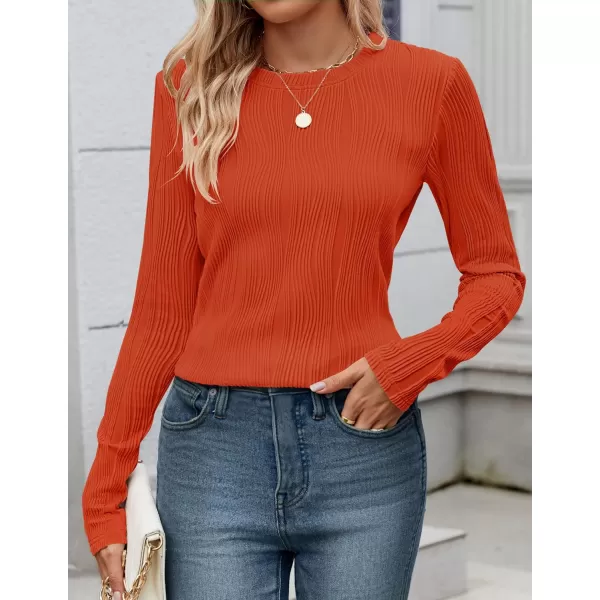 ZESICA Long Sleeve Shirts for Women Tops Fall Fashion 2024 Trendy Slim fit Textured TshirtsOrange
