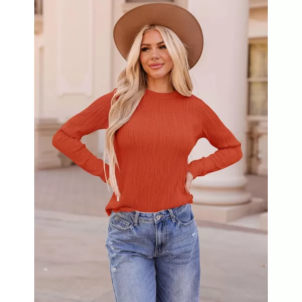 ZESICA Long Sleeve Shirts for Women Tops Fall Fashion 2024 Trendy Slim fit Textured TshirtsOrange