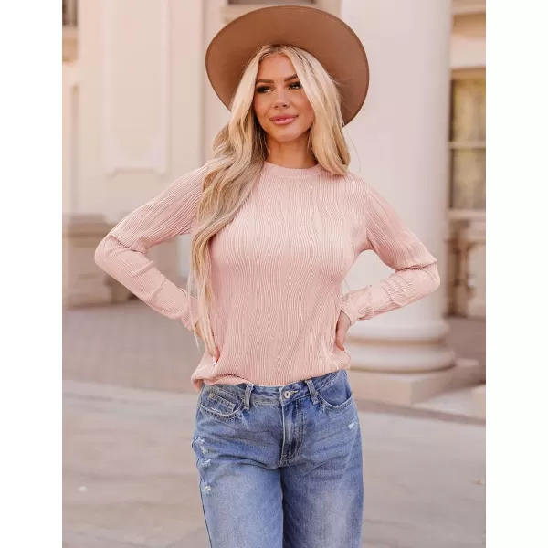 ZESICA Long Sleeve Shirts for Women Tops Fall Fashion 2024 Trendy Slim fit Textured TshirtsPink