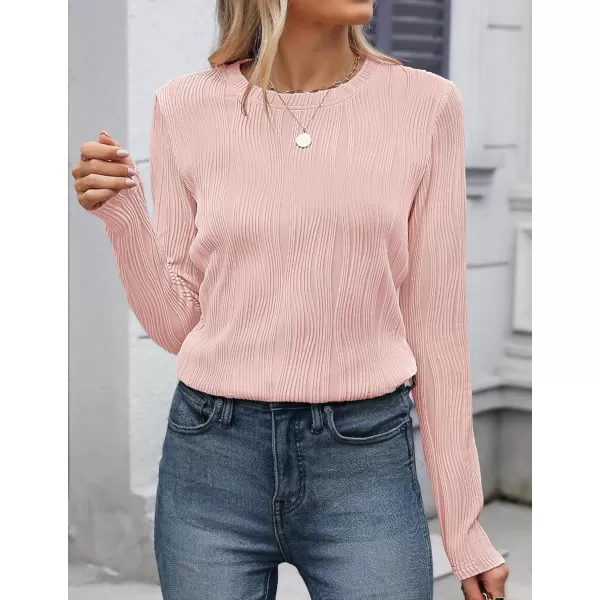 ZESICA Long Sleeve Shirts for Women Tops Fall Fashion 2024 Trendy Slim fit Textured TshirtsPink