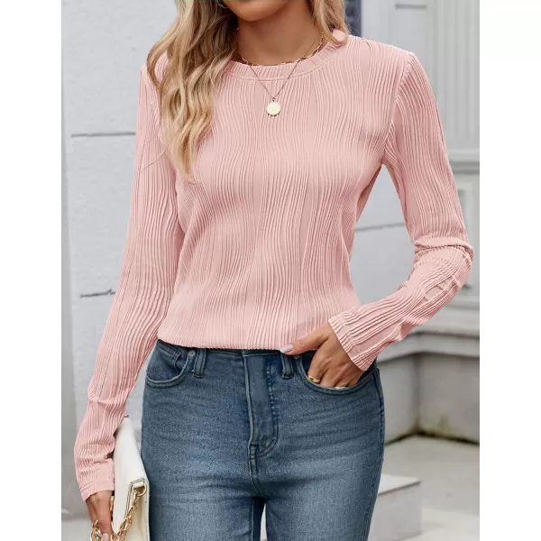 ZESICA Long Sleeve Shirts for Women Tops Fall Fashion 2024 Trendy Slim fit Textured TshirtsPink