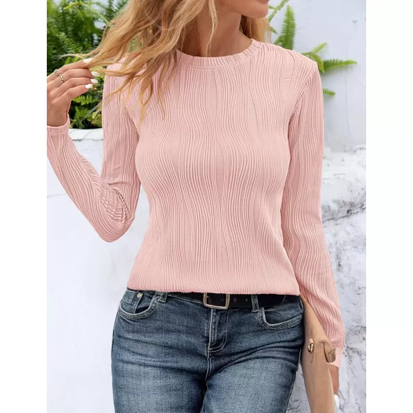 ZESICA Long Sleeve Shirts for Women Tops Fall Fashion 2024 Trendy Slim fit Textured TshirtsPink