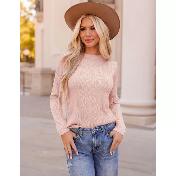 ZESICA Long Sleeve Shirts for Women Tops Fall Fashion 2024 Trendy Slim fit Textured TshirtsPink