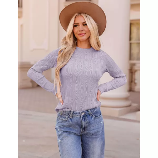 ZESICA Long Sleeve Shirts for Women Tops Fall Fashion 2024 Trendy Slim fit Textured TshirtsPurple