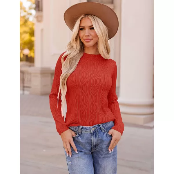 ZESICA Long Sleeve Shirts for Women Tops Fall Fashion 2024 Trendy Slim fit Textured TshirtsRed