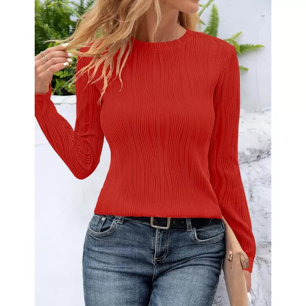 ZESICA Long Sleeve Shirts for Women Tops Fall Fashion 2024 Trendy Slim fit Textured TshirtsRed