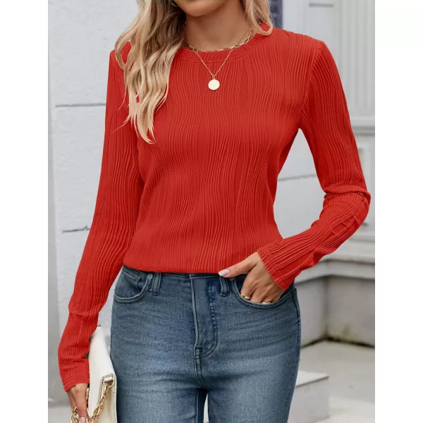 ZESICA Long Sleeve Shirts for Women Tops Fall Fashion 2024 Trendy Slim fit Textured TshirtsRed
