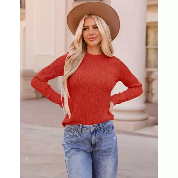 ZESICA Long Sleeve Shirts for Women Tops Fall Fashion 2024 Trendy Slim fit Textured TshirtsRed