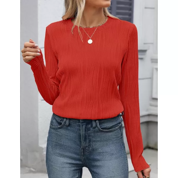 ZESICA Long Sleeve Shirts for Women Tops Fall Fashion 2024 Trendy Slim fit Textured TshirtsRed