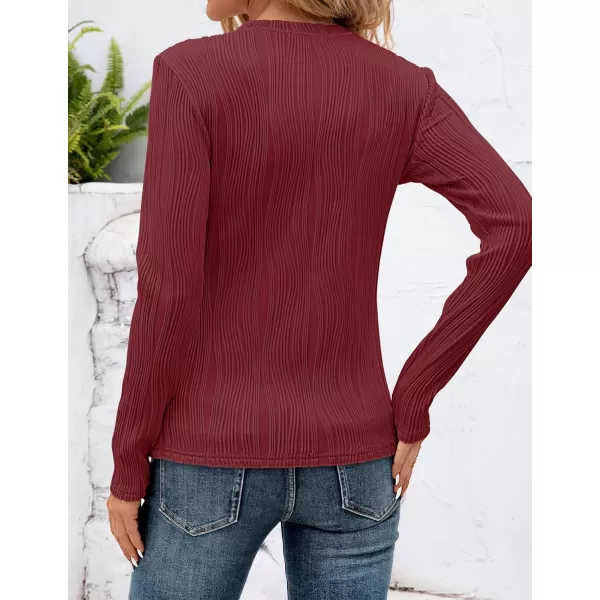 ZESICA Long Sleeve Shirts for Women Tops Fall Fashion 2024 Trendy Slim fit Textured TshirtsRedwine