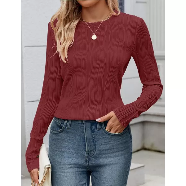 ZESICA Long Sleeve Shirts for Women Tops Fall Fashion 2024 Trendy Slim fit Textured TshirtsRedwine