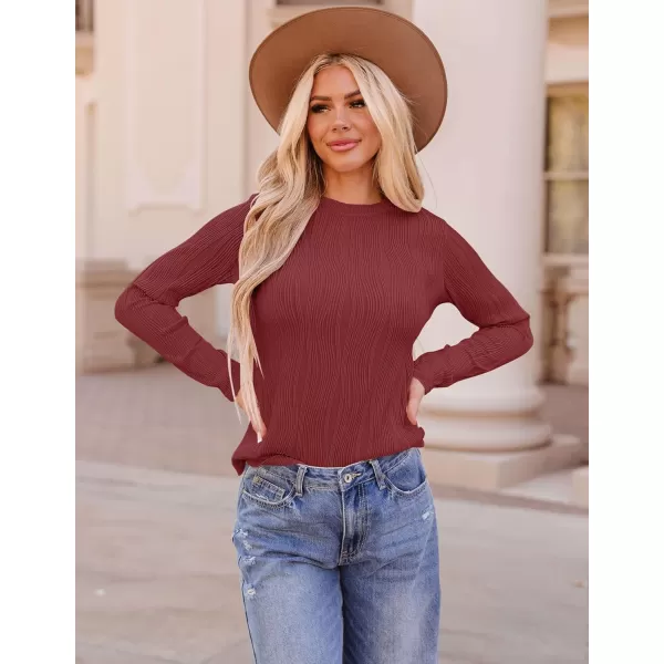 ZESICA Long Sleeve Shirts for Women Tops Fall Fashion 2024 Trendy Slim fit Textured TshirtsRedwine