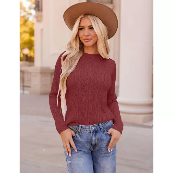 ZESICA Long Sleeve Shirts for Women Tops Fall Fashion 2024 Trendy Slim fit Textured TshirtsRedwine