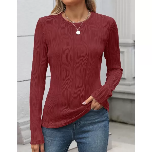 ZESICA Long Sleeve Shirts for Women Tops Fall Fashion 2024 Trendy Slim fit Textured TshirtsRedwine