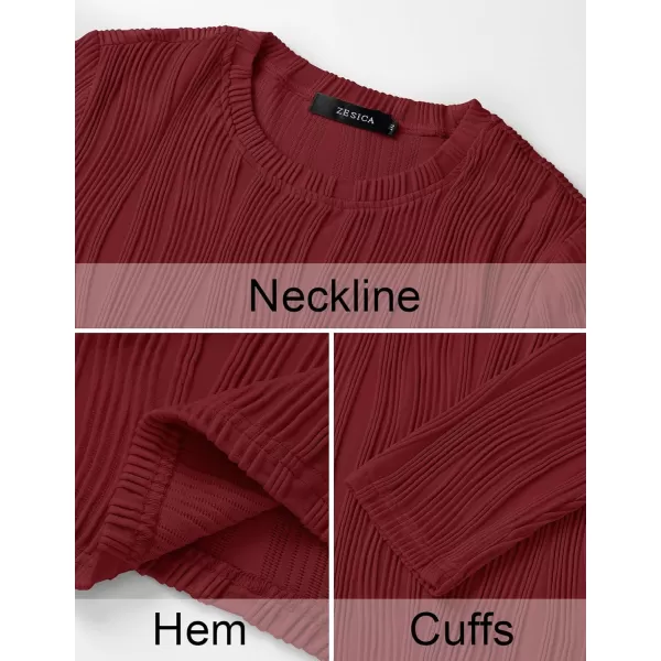 ZESICA Long Sleeve Shirts for Women Tops Fall Fashion 2024 Trendy Slim fit Textured TshirtsRedwine