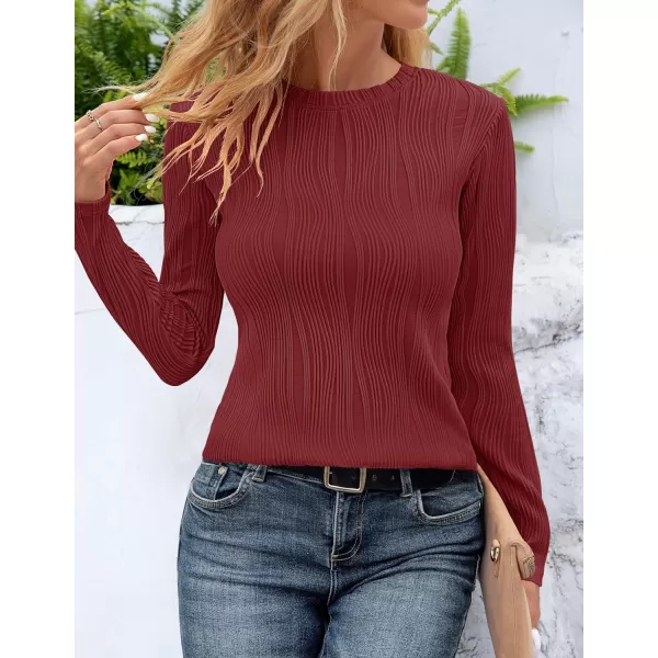 ZESICA Long Sleeve Shirts for Women Tops Fall Fashion 2024 Trendy Slim fit Textured TshirtsRedwine