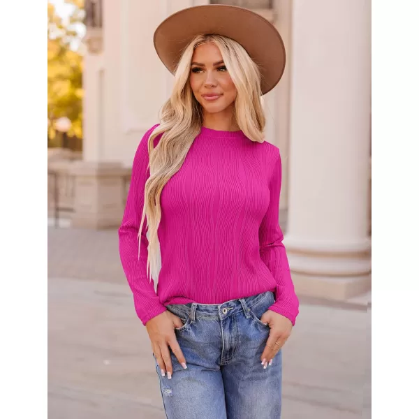 ZESICA Long Sleeve Shirts for Women Tops Fall Fashion 2024 Trendy Slim fit Textured TshirtsRose