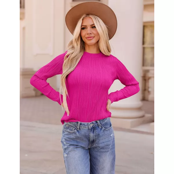 ZESICA Long Sleeve Shirts for Women Tops Fall Fashion 2024 Trendy Slim fit Textured TshirtsRose