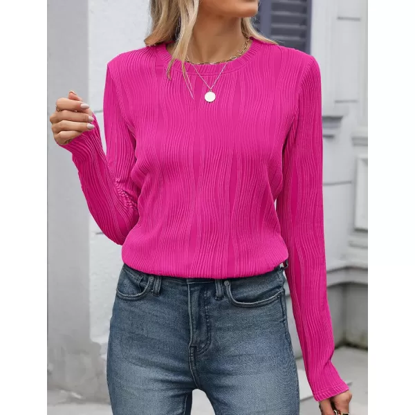 ZESICA Long Sleeve Shirts for Women Tops Fall Fashion 2024 Trendy Slim fit Textured TshirtsRose