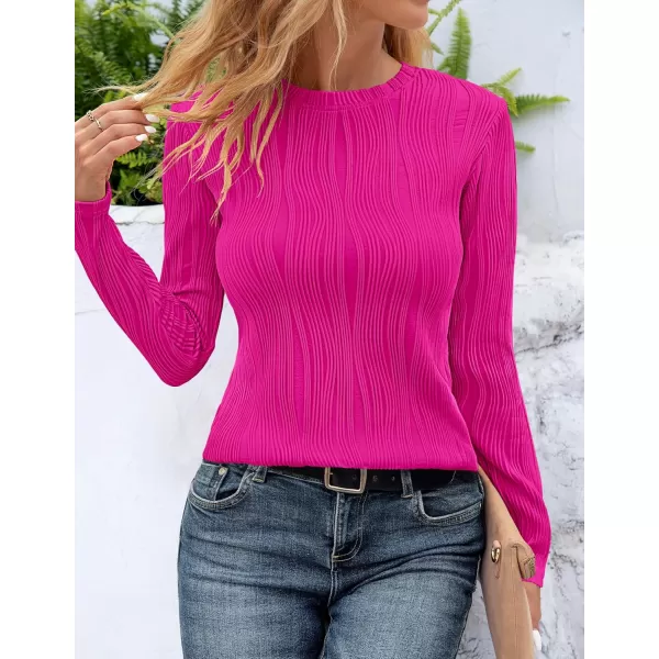 ZESICA Long Sleeve Shirts for Women Tops Fall Fashion 2024 Trendy Slim fit Textured TshirtsRose