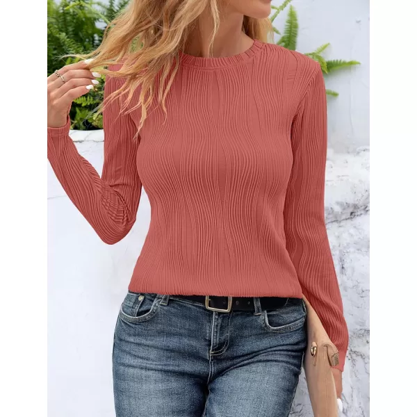 ZESICA Long Sleeve Shirts for Women Tops Fall Fashion 2024 Trendy Slim fit Textured TshirtsRosepink