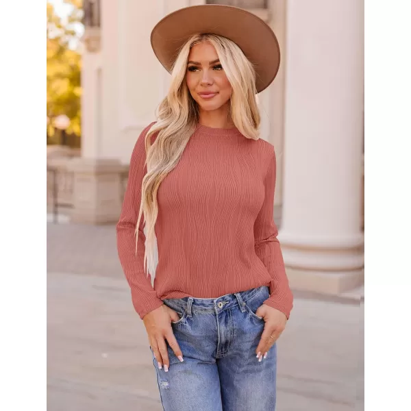 ZESICA Long Sleeve Shirts for Women Tops Fall Fashion 2024 Trendy Slim fit Textured TshirtsRosepink