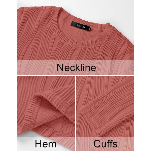 ZESICA Long Sleeve Shirts for Women Tops Fall Fashion 2024 Trendy Slim fit Textured TshirtsRosepink