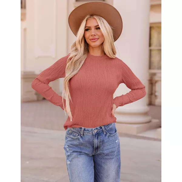 ZESICA Long Sleeve Shirts for Women Tops Fall Fashion 2024 Trendy Slim fit Textured TshirtsRosepink