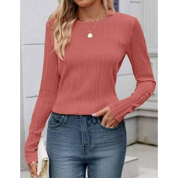 ZESICA Long Sleeve Shirts for Women Tops Fall Fashion 2024 Trendy Slim fit Textured TshirtsRosepink
