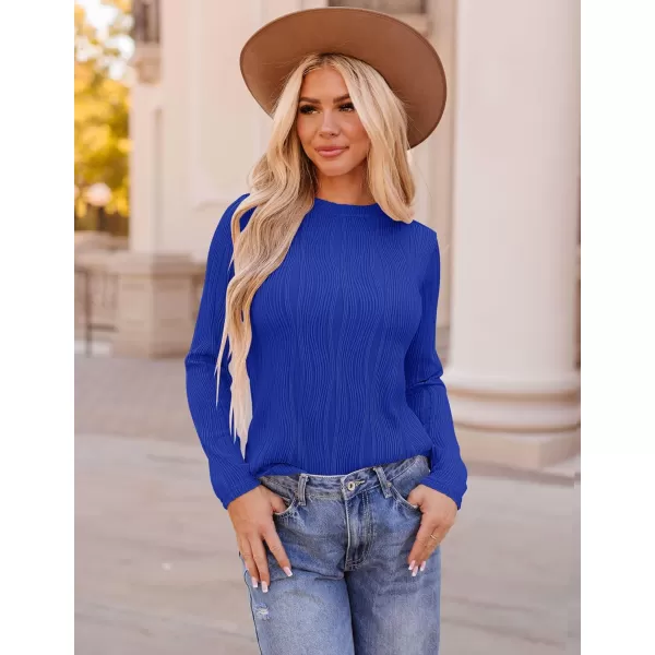 ZESICA Long Sleeve Shirts for Women Tops Fall Fashion 2024 Trendy Slim fit Textured TshirtsSapphireblue