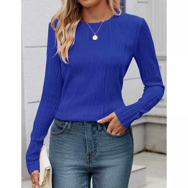 ZESICA Long Sleeve Shirts for Women Tops Fall Fashion 2024 Trendy Slim fit Textured TshirtsSapphireblue
