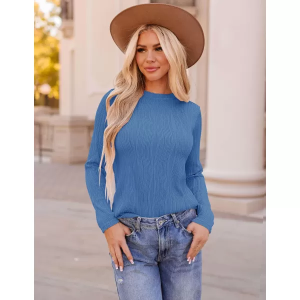 ZESICA Long Sleeve Shirts for Women Tops Fall Fashion 2024 Trendy Slim fit Textured TshirtsSkyblue
