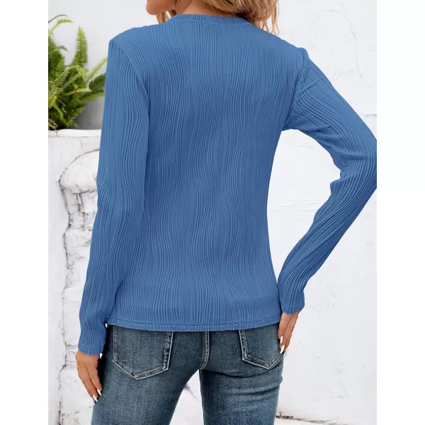 ZESICA Long Sleeve Shirts for Women Tops Fall Fashion 2024 Trendy Slim fit Textured TshirtsSkyblue