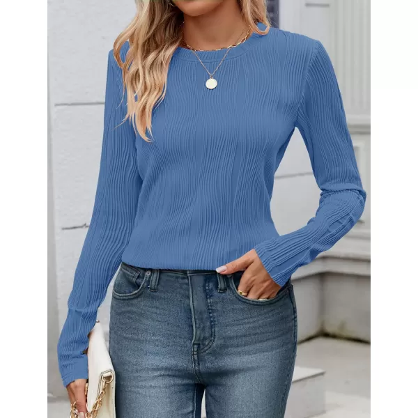 ZESICA Long Sleeve Shirts for Women Tops Fall Fashion 2024 Trendy Slim fit Textured TshirtsSkyblue