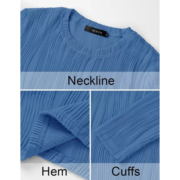 ZESICA Long Sleeve Shirts for Women Tops Fall Fashion 2024 Trendy Slim fit Textured TshirtsSkyblue