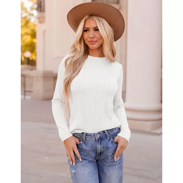 ZESICA Long Sleeve Shirts for Women Tops Fall Fashion 2024 Trendy Slim fit Textured TshirtsWhite