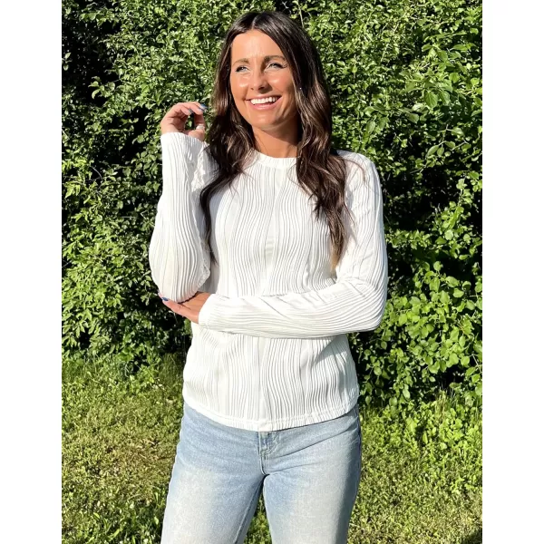 ZESICA Long Sleeve Shirts for Women Tops Fall Fashion 2024 Trendy Slim fit Textured TshirtsWhite