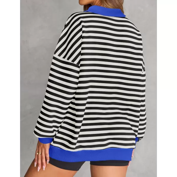 ZESICA Sweatshirts for Womens Long Sleeve Lapel V Neck Striped Oversized TopsBlack