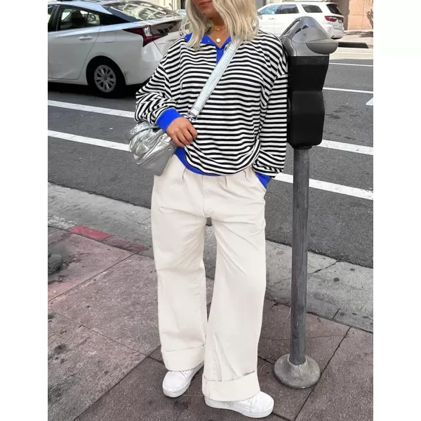 ZESICA Sweatshirts for Womens Long Sleeve Lapel V Neck Striped Oversized TopsBlack