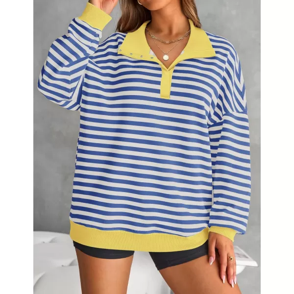 ZESICA Sweatshirts for Womens Long Sleeve Lapel V Neck Striped Oversized TopsBlue
